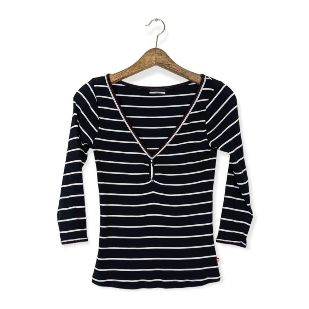 Orwell Sequin Top M Navy Stripe Quarter Sleeve Embellished Dressy